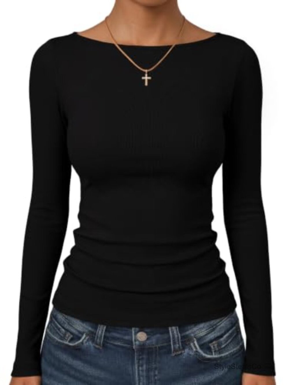 Women's Long Sleeve Boat Neck Thermal Shirt Slim Fit Ribbed Knit Top